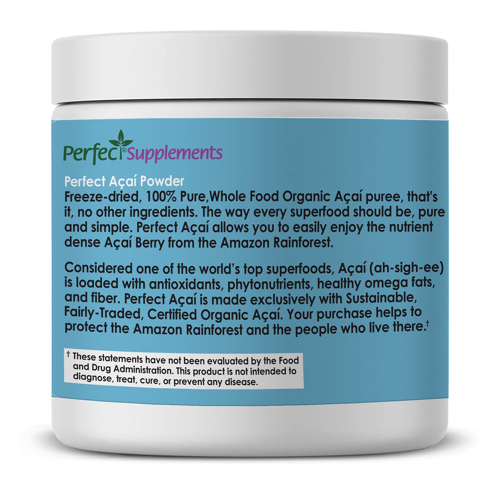 Perfect Supplements Acai Powder dispense-serve enables easy daily scooping.