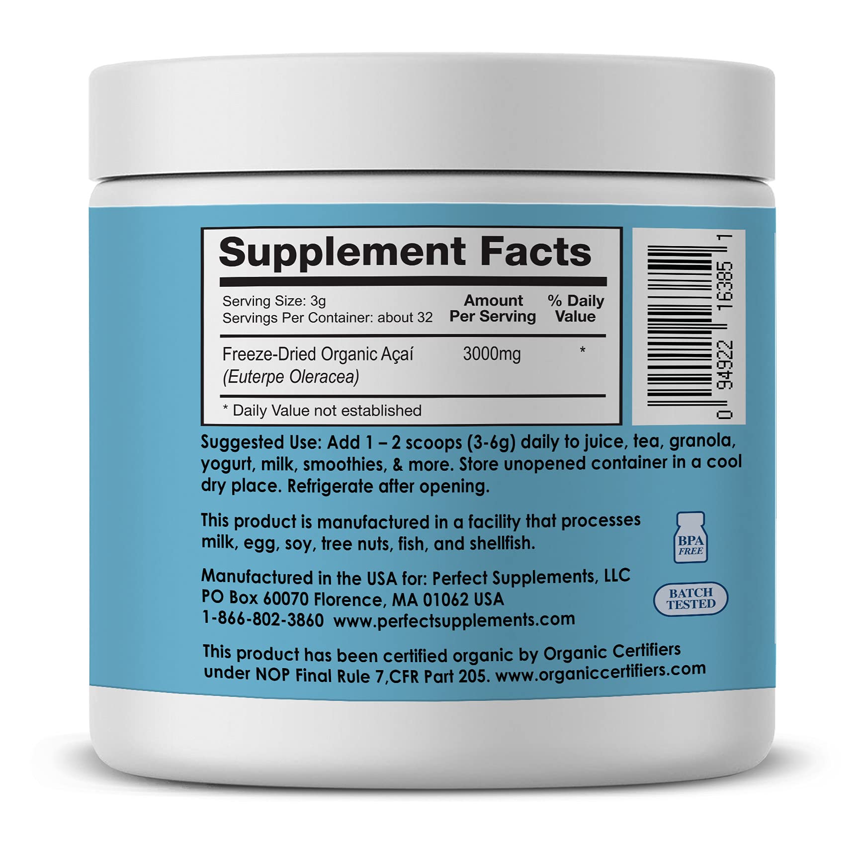 Perfect Supplements Acai Powder jar closeup highlights rich antioxidants and texture.