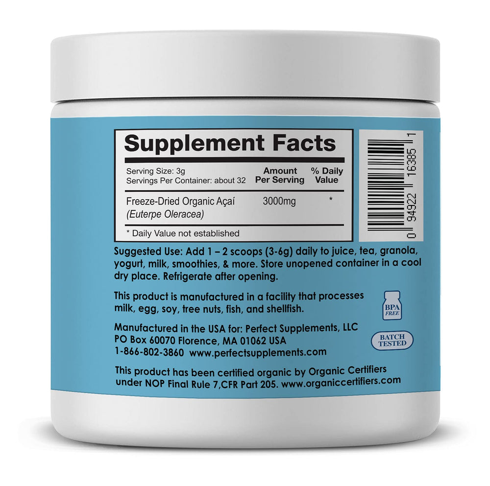 Perfect Supplements Acai Powder jar closeup highlights rich antioxidants and texture.