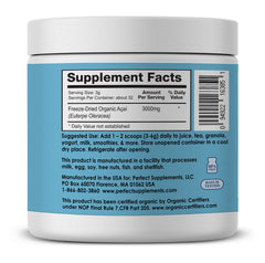Perfect Supplements Acai Powder jar closeup highlights rich antioxidants and texture.