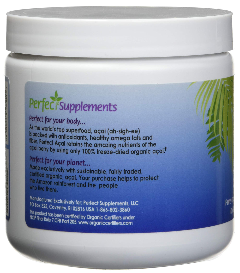 Perfect Supplements Acai Powder texture scoop shows fine freeze-dried powder for smoothies.