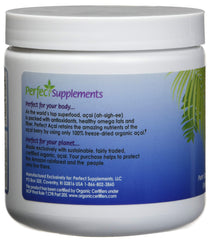 Perfect Supplements Acai Powder texture scoop shows fine freeze-dried powder for smoothies.