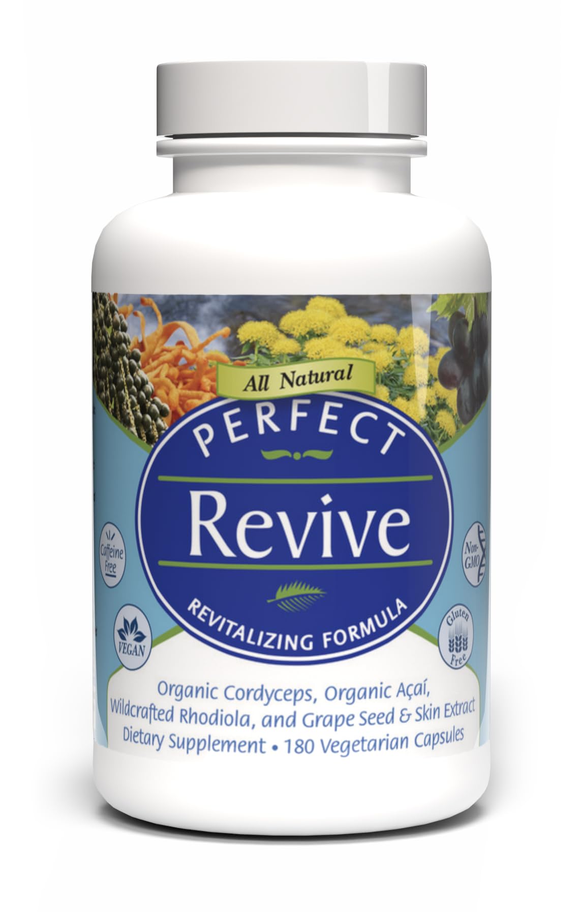 Perfect Supplements Perfect Acai Revive bottle cap closeup highlights a caffeine-free calming formula.