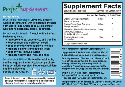 Perfect Supplements Perfect Acai Revive bottle pour shows antioxidant-rich blend supporting daily vitality.