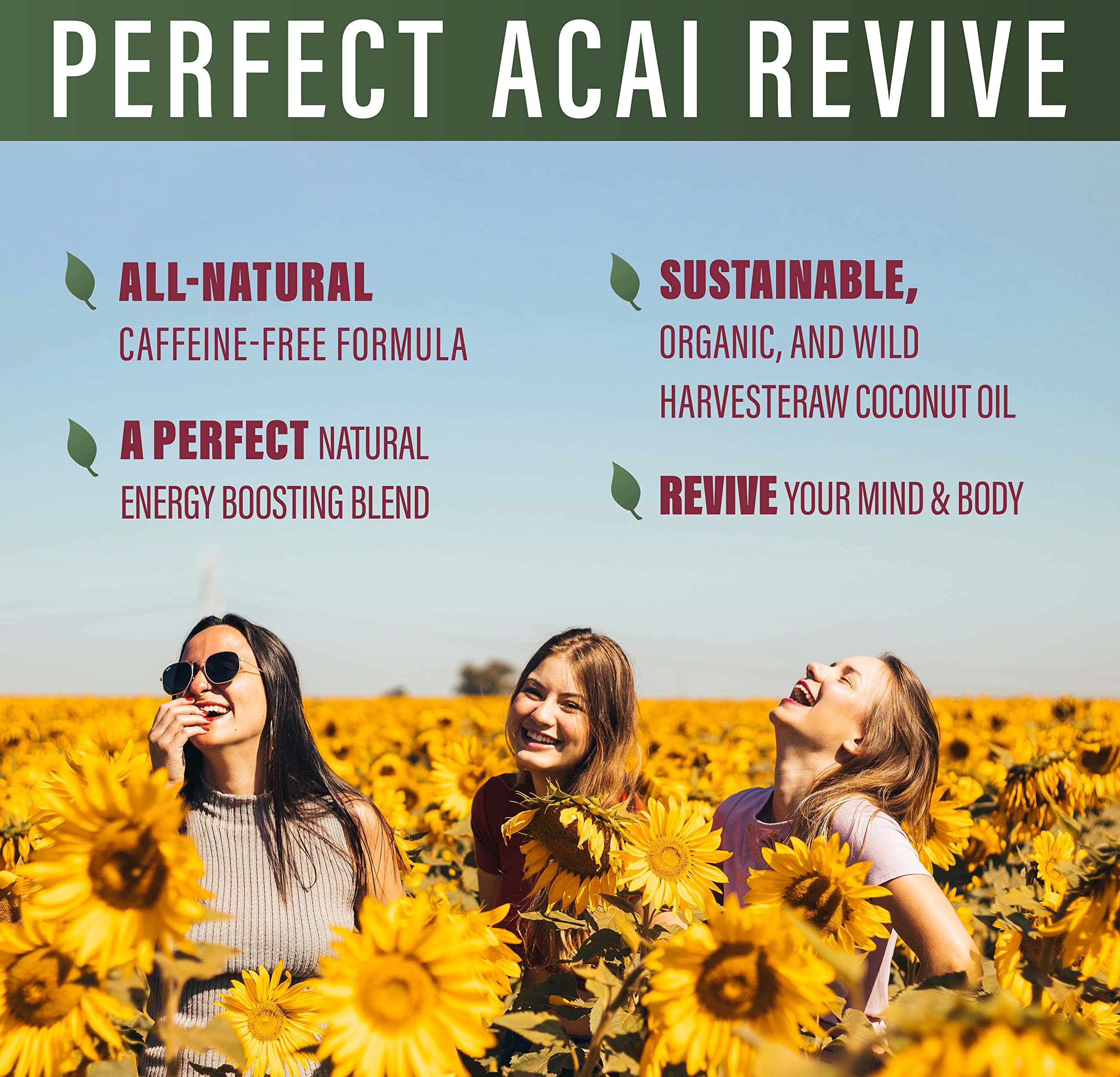 Perfect Supplements Perfect Acai Revive label closeup emphasizes organic, vegan, non-GMO ingredients.