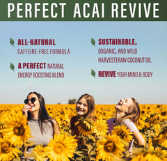 Perfect Supplements Perfect Acai Revive label closeup emphasizes organic, vegan, non-GMO ingredients.
