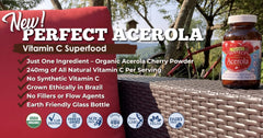 Acerola powder jar label highlighting vegan, non-GMO, paleo-friendly ingredients