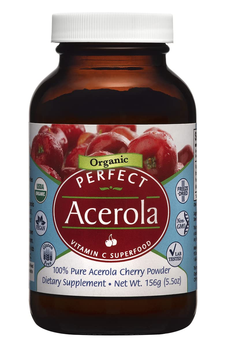 Perfect Supplements Acerola powder packaging showing organic sourcing and purity