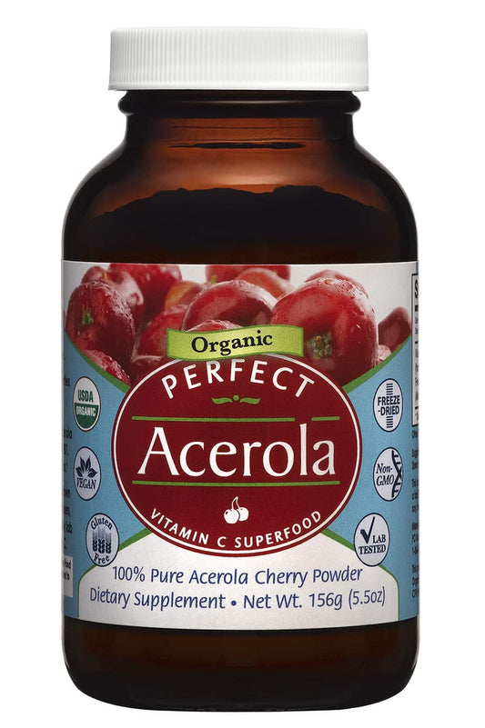 Perfect Supplements Acerola powder packaging showing organic sourcing and purity