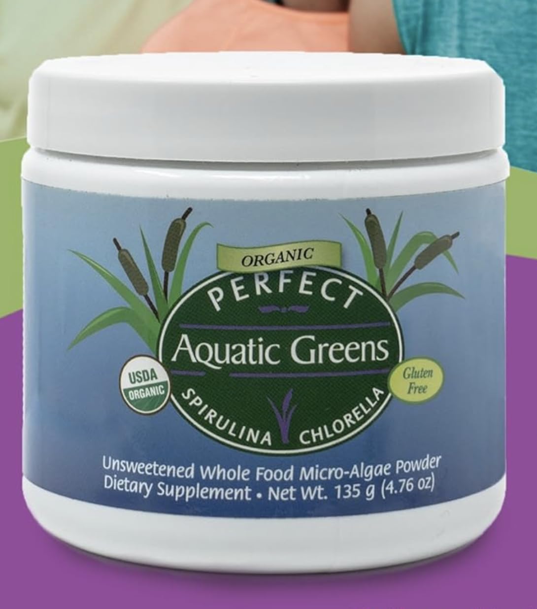 Perfect Supplements Aquatic Greens kitchen scene emphasizes plant-based nutrition options.