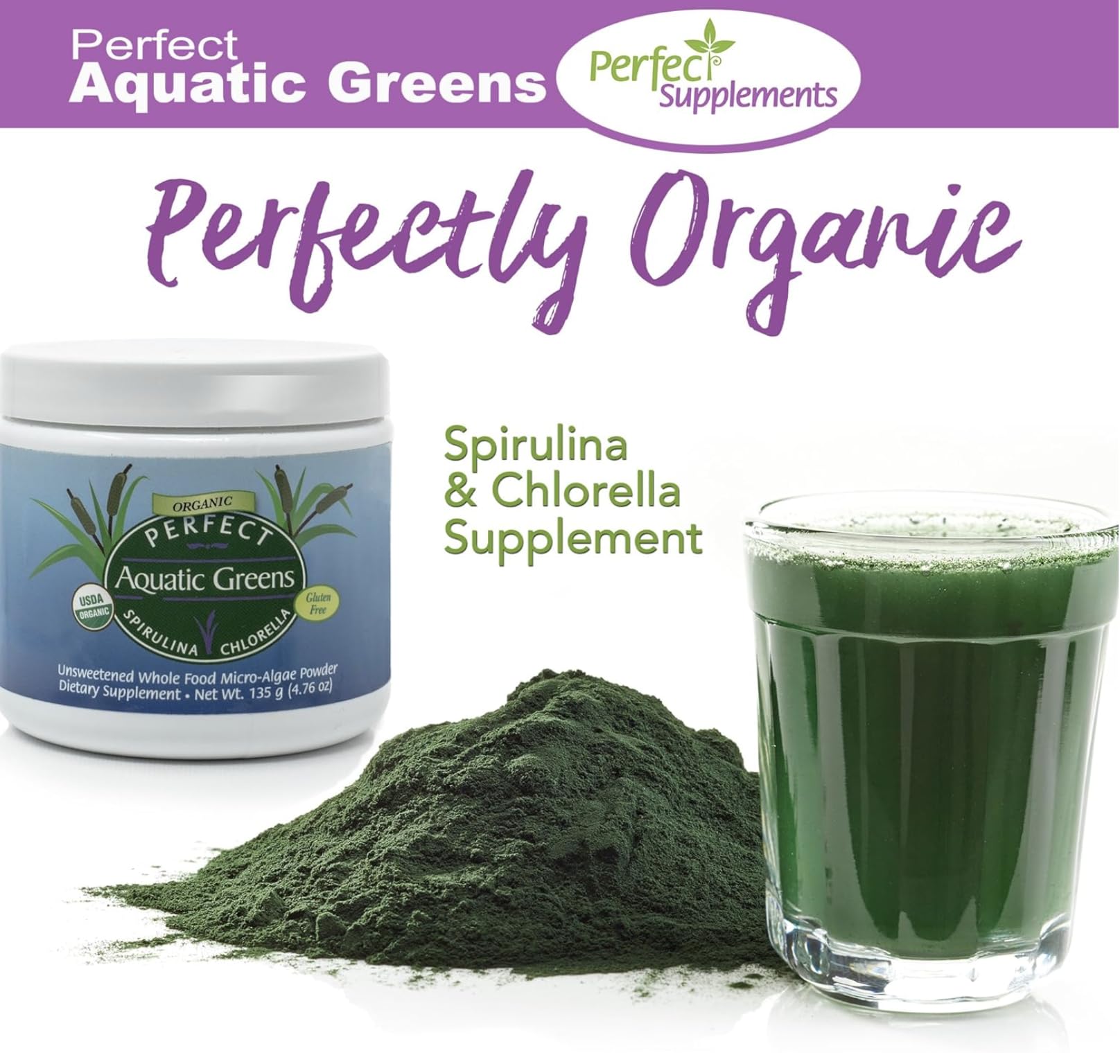 Perfect Supplements Aquatic Greens powder pouring into glass.