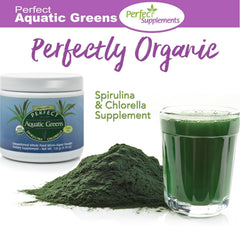 Perfect Supplements Aquatic Greens powder pouring into glass.