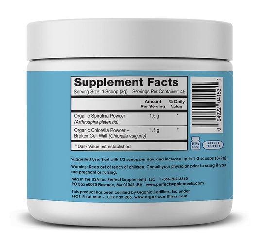 Perfect Supplements Aquatic Greens spoon beside the jar for quick serving.