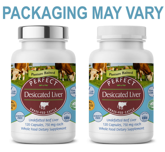 Perfect Supplements desiccated liver bottle back view shows ingredient details and purity.