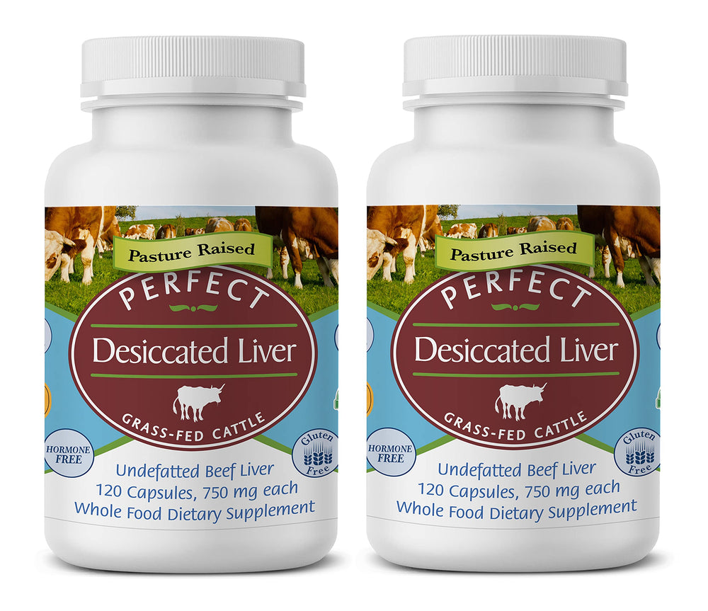 Perfect Supplements desiccated liver bottle showing pure beef liver capsules for natural protein and iron