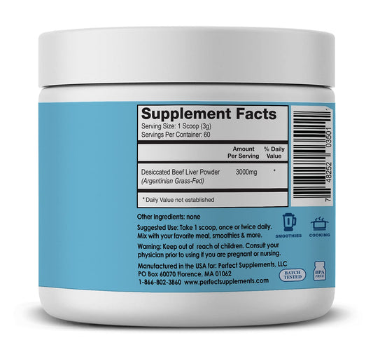 Perfect Supplements desiccated liver powder with scoop shows easy daily serving and convenience.