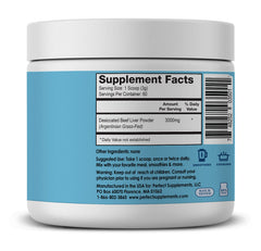 Perfect Supplements desiccated liver powder with scoop shows easy daily serving and convenience.