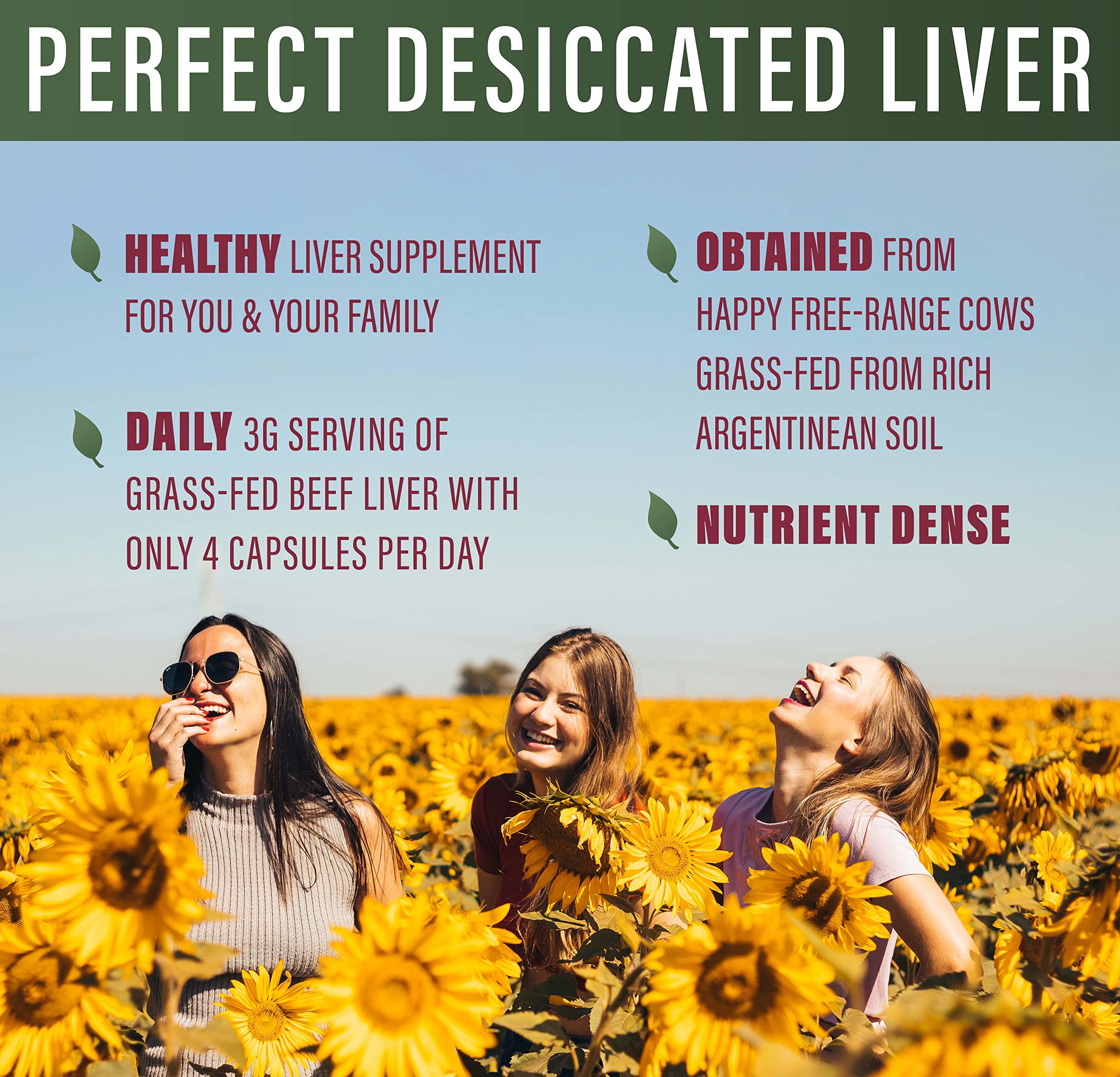 Perfect Supplements desiccated liver powder on grass-fed Argentinian cattle scene emphasizes ethical sourcing.