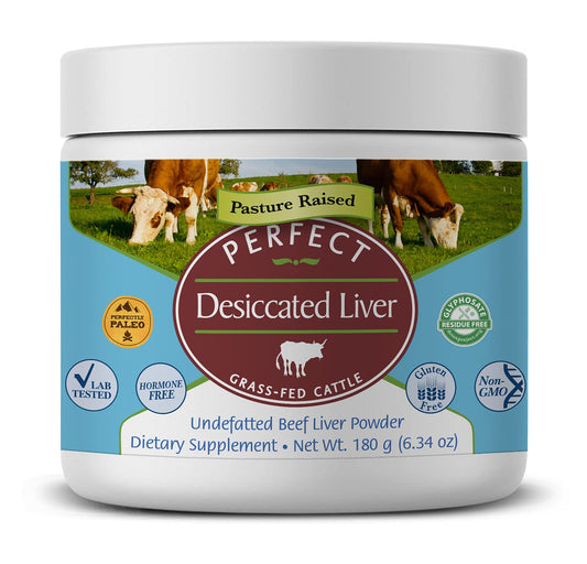 Perfect Supplements desiccated liver powder packaging front for natural, protein-rich nutrition.