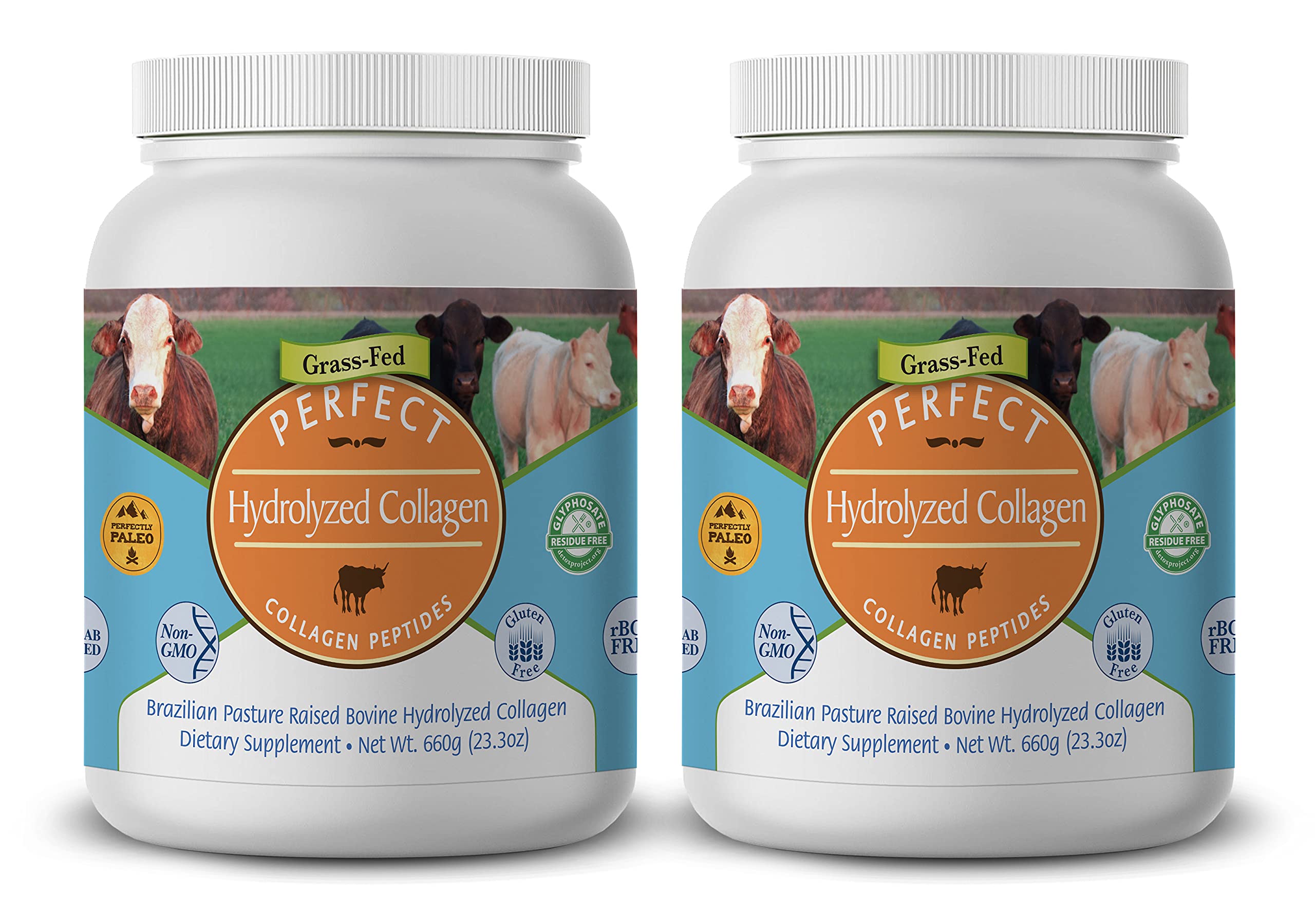 Perfect Supplements hydrolyzed collagen bottle showing all-natural formula for skin and joints