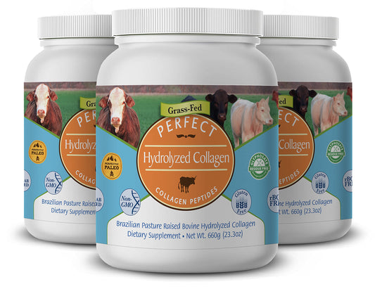 Perfect Supplements hydrolyzed collagen powder bottle on counter for daily skin support