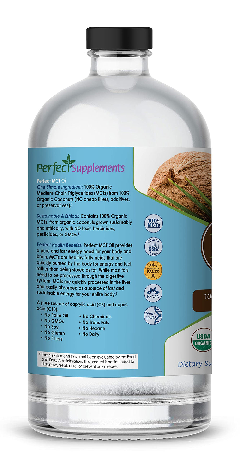 Perfect Supplements MCT Oil label closeup highlights organic coconut sourcing.