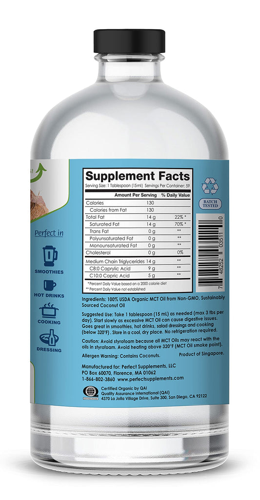 Perfect Supplements MCT Oil pouring bottle shows easy use for quick energy.