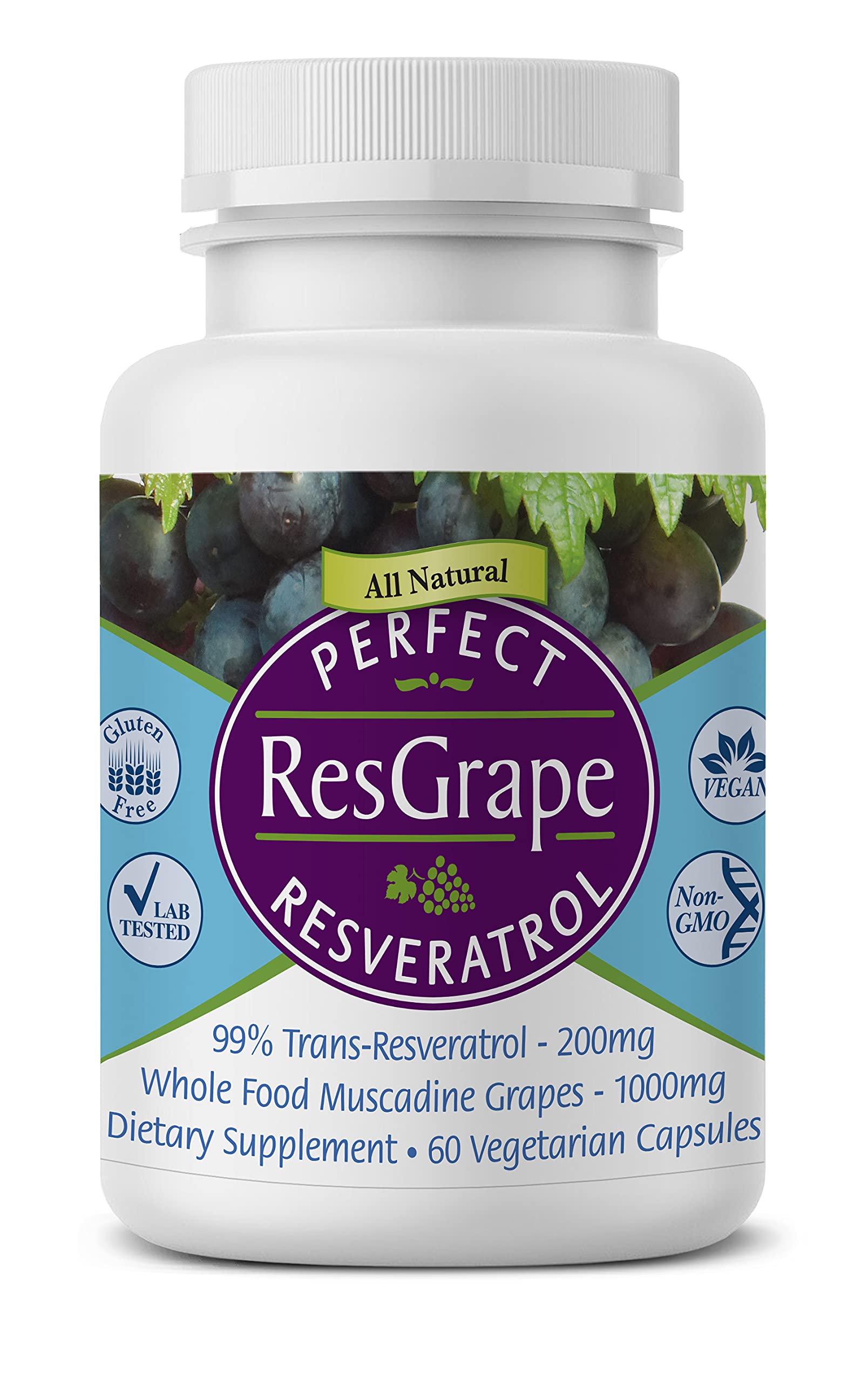 Perfect ResGrape Resveratrol bottle with label closeup for daily wellness routine.