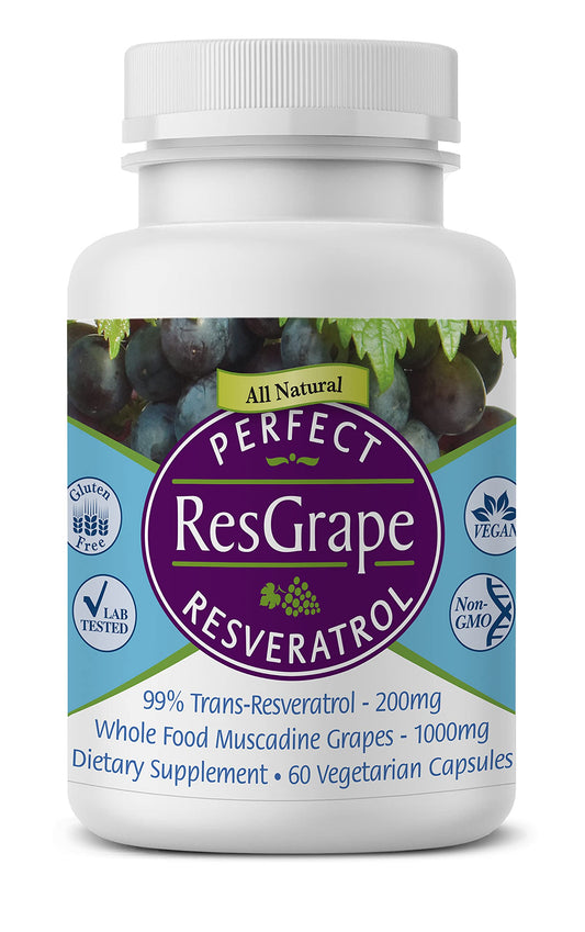 Perfect ResGrape Resveratrol bottle with label closeup for daily wellness routine.