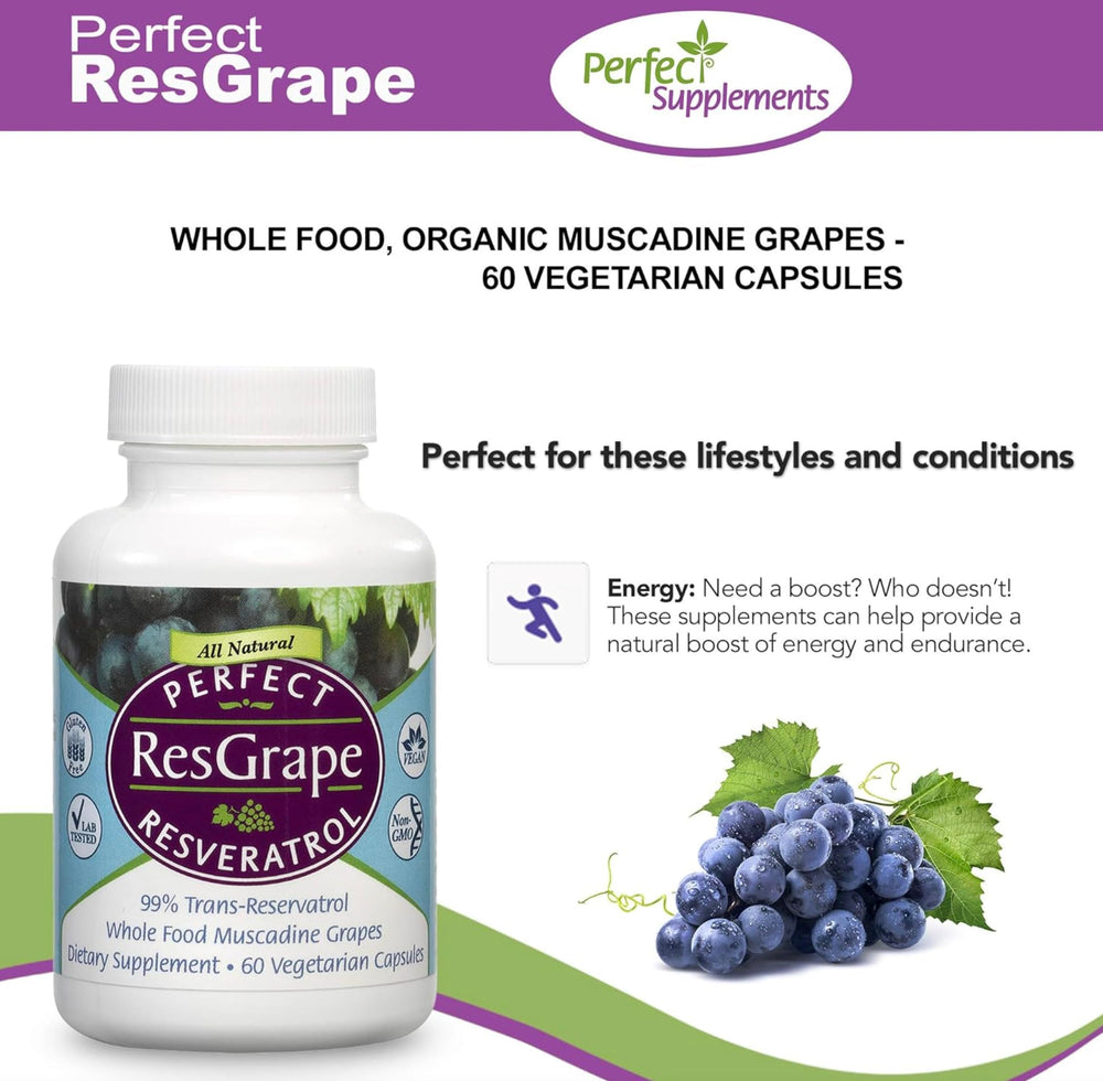 ResGrape Resveratrol vegan gluten-free and non-GMO icons.