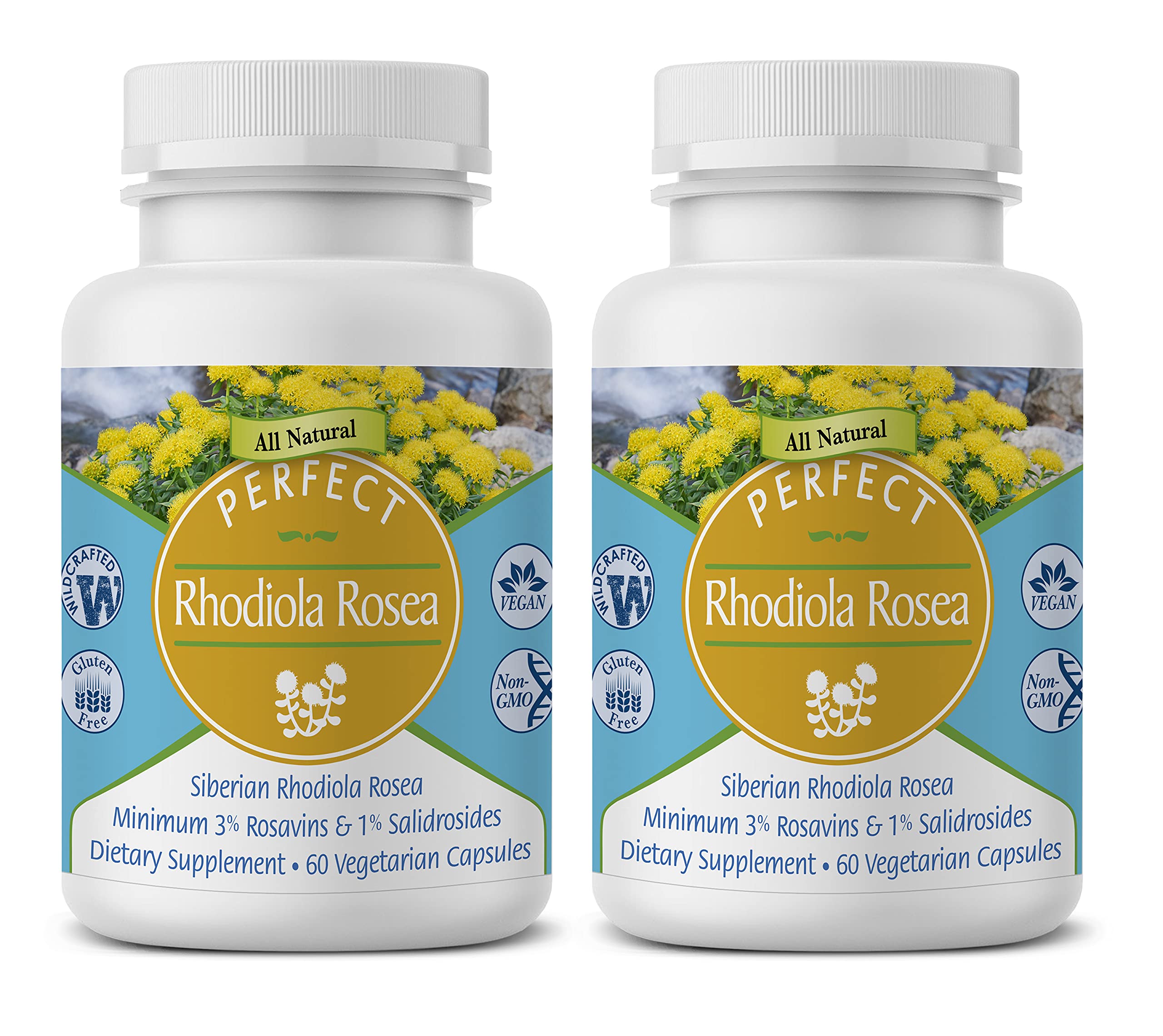 Perfect Supplements Rhodiola Rosea bottle front for potential energy support and daily focus.