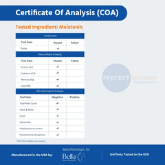 Ingredient label highlights purity and quality control on Melatonin Max.
