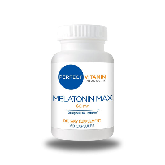 Perfect Vitamin Products melatonin 60mg bottle front shows vegan, clean formula for sleep support.