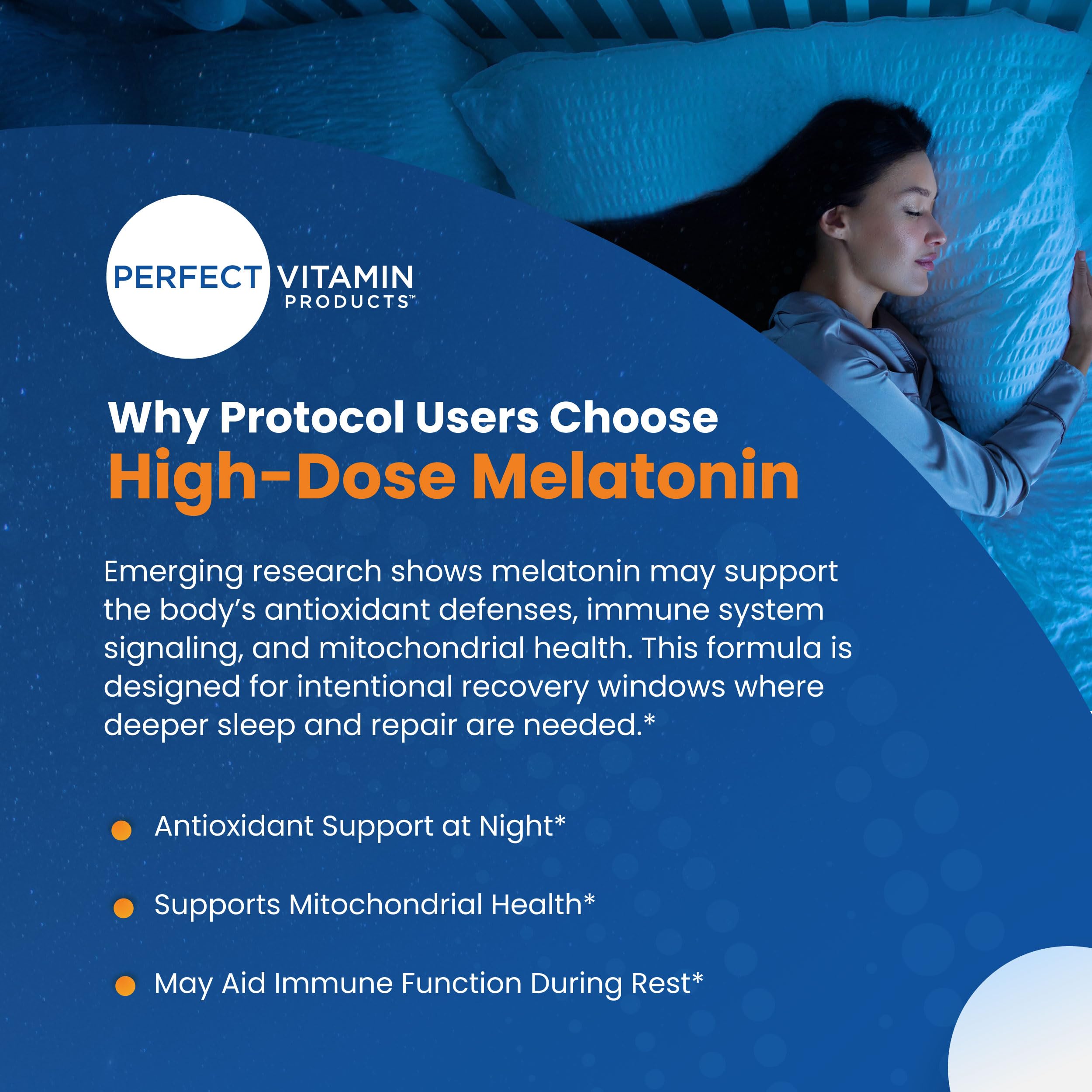 Nighttime routine with Perfect Vitamin melatonin 60mg supporting a consistent bedtime.