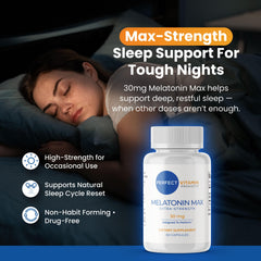 Front view of Perfect Vitamin Products melatonin bottle highlighting the high-dosage sleep support.
