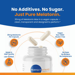 Label scan of Perfect Vitamin Products melatonin showing vegan and gluten-free branding.
