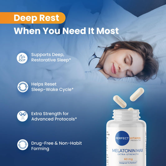 Perfect Vitamin Melatonin MAX 60mg bottle side highlights clean label and vegan formula