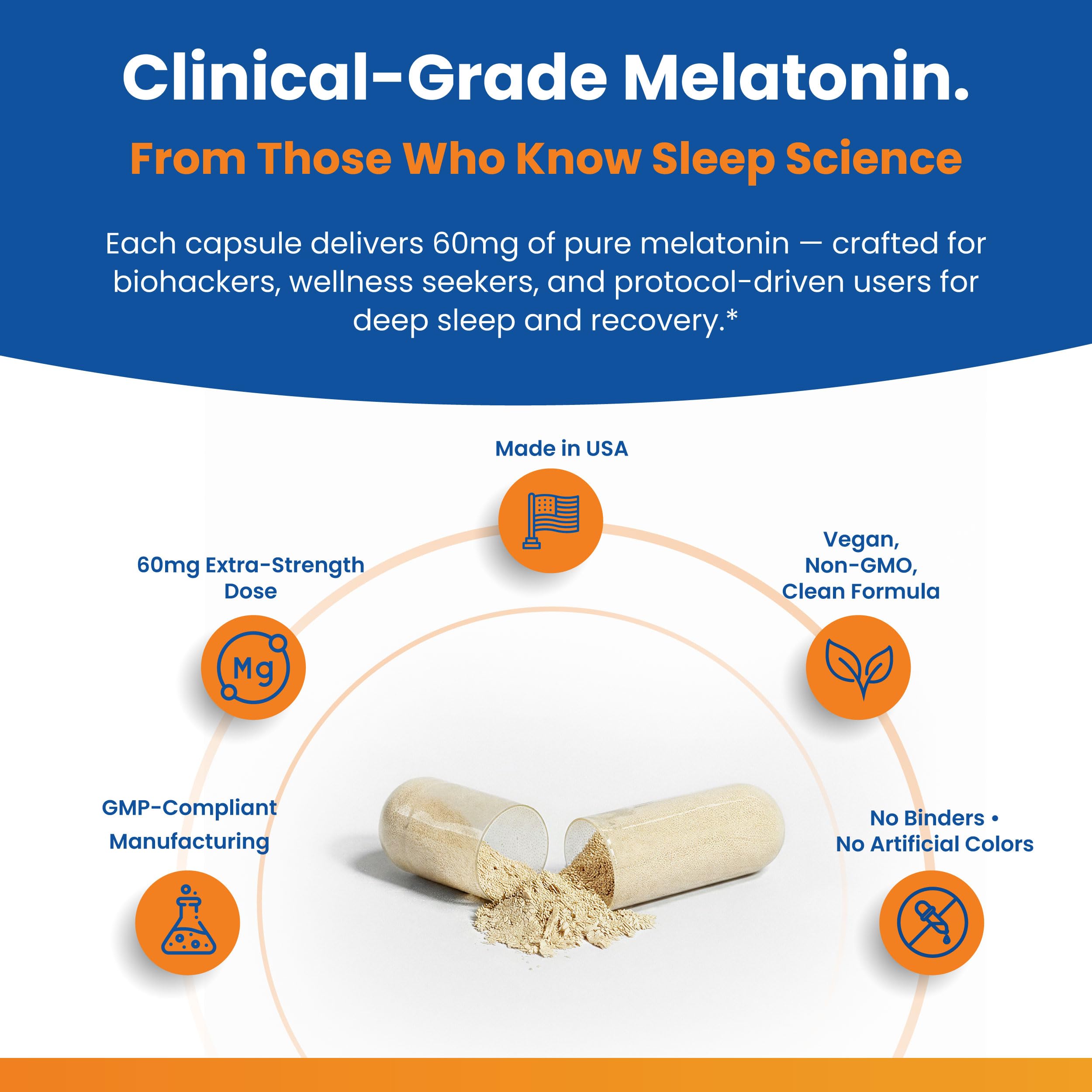 Perfect Vitamin Melatonin MAX 60mg label detail emphasizes non-GMO, gluten-free qualities