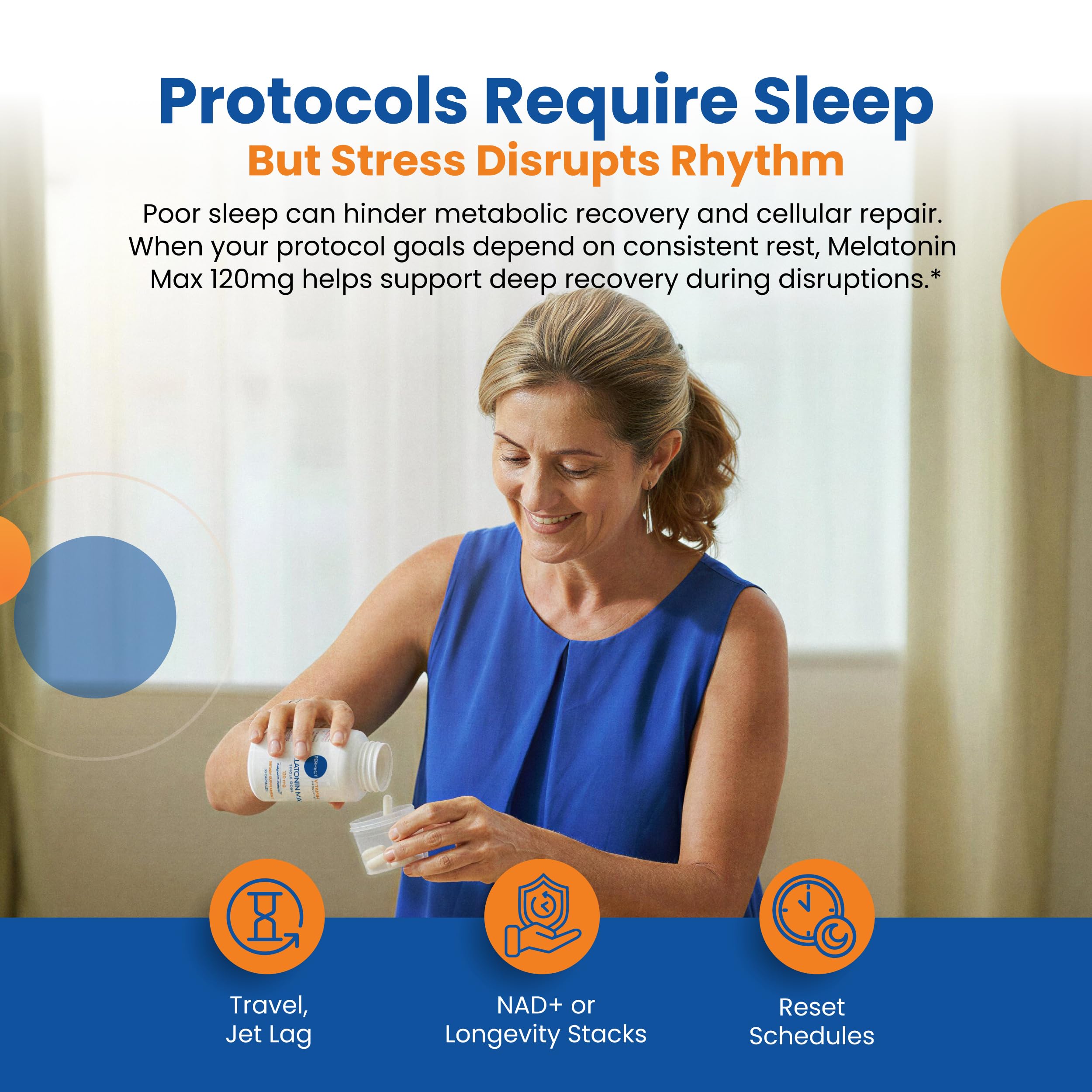Nighttime routine scene with the Melatonin Max bottle for consistent sleep.