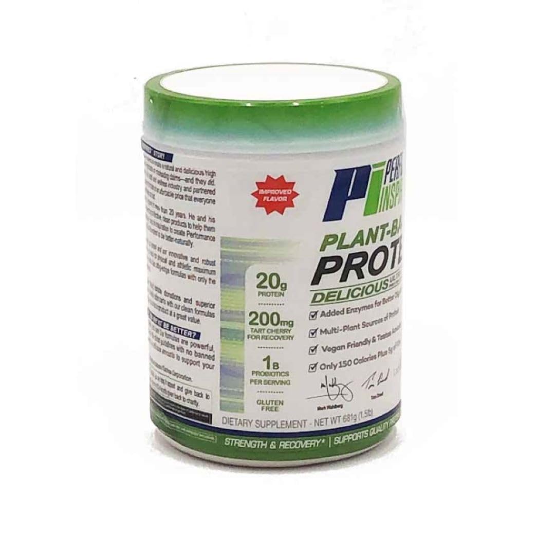 Performance Inspired plant protein powder scoop highlights 20g protein per serving.