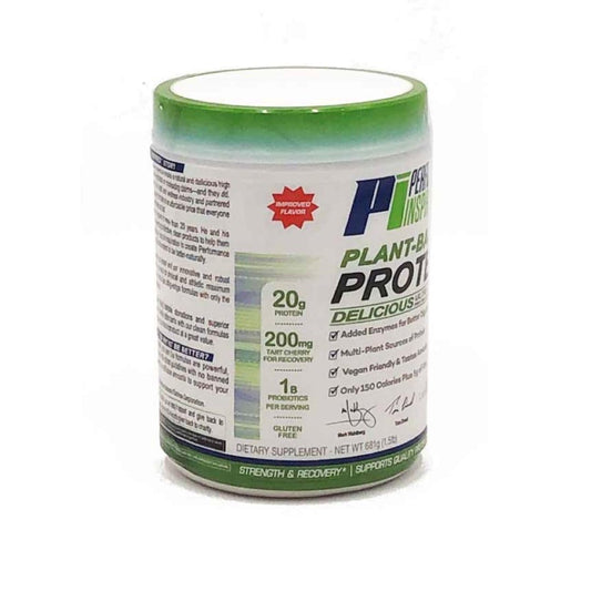 Performance Inspired plant protein powder scoop highlights 20g protein per serving.