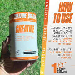 PERFORMIX Creatine Monohydrate bottle label highlights 80 servings and USA-made quality.