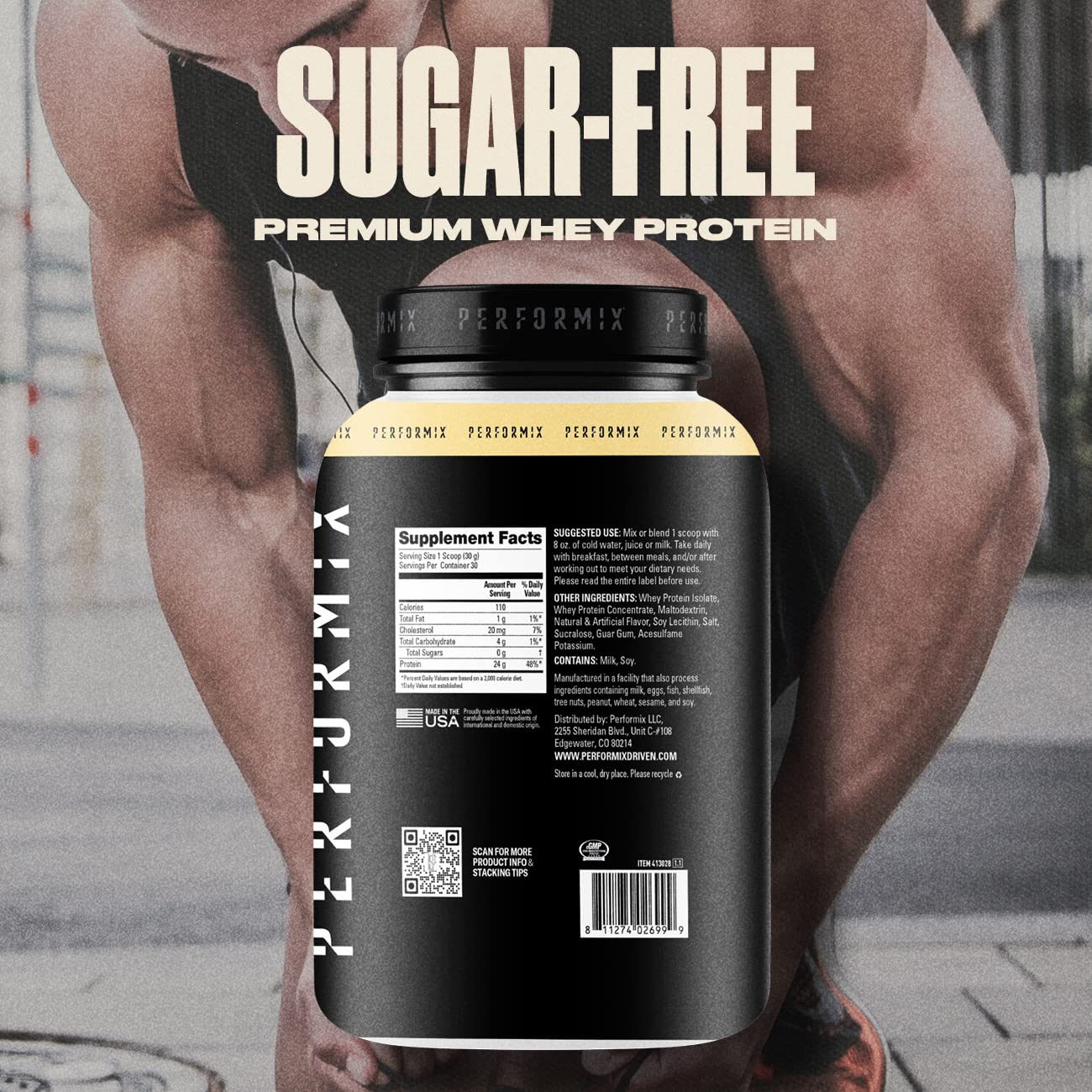 PERFORMIX nutrition label on vanilla tub highlights 24g protein per serving.