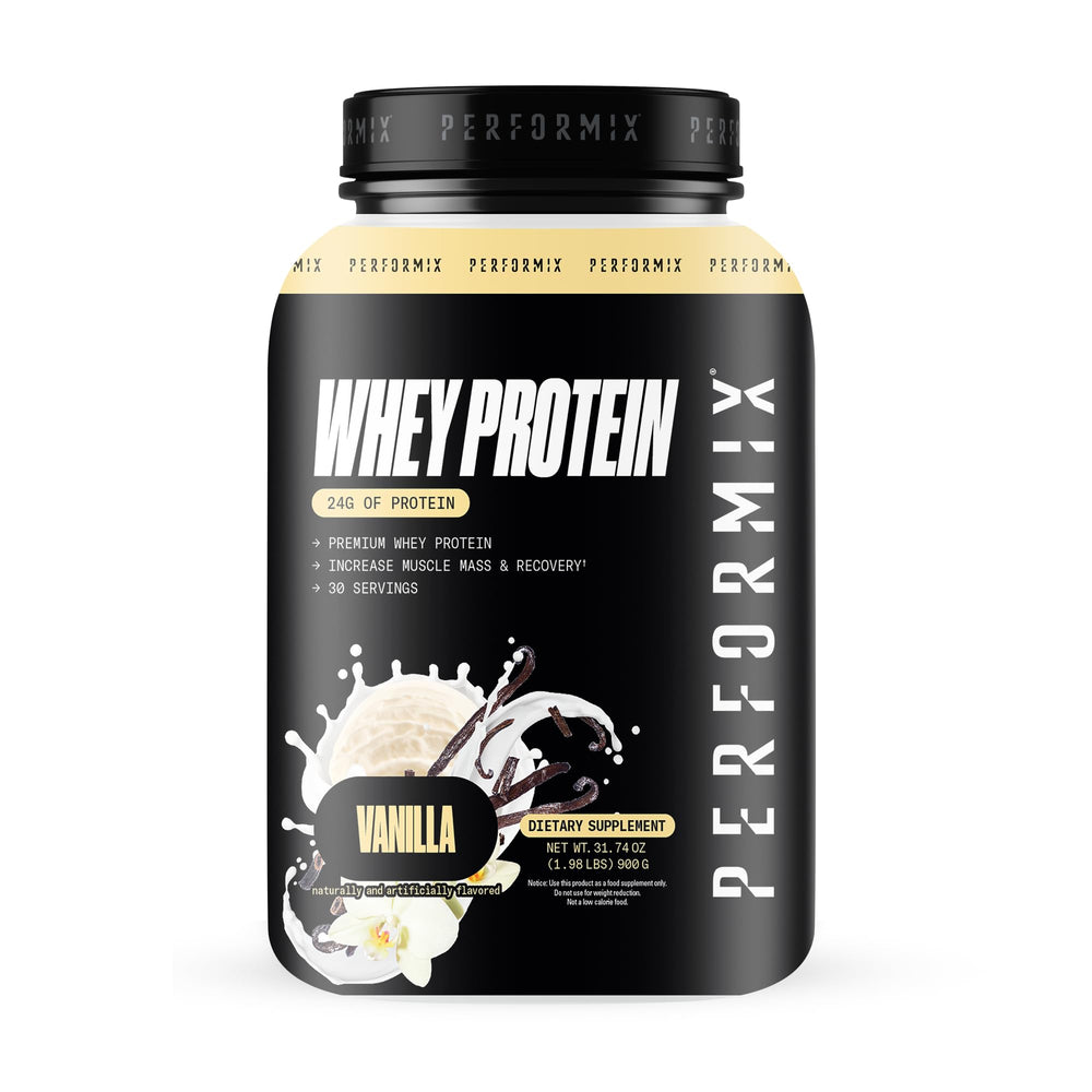 PERFORMIX Whey Protein Isolate Blend vanilla tub with scoop for quick protein fueling.