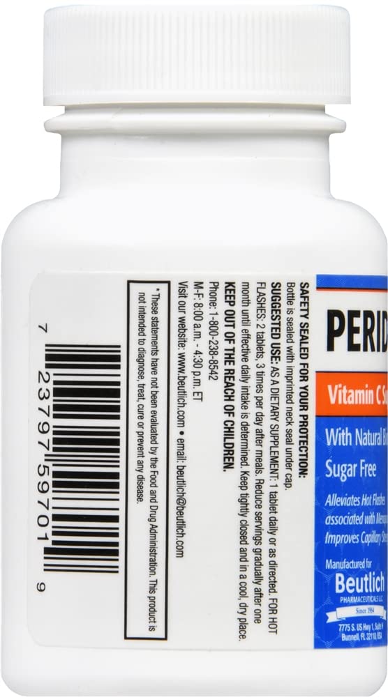 Peridin-C label close-up highlighting vitamin C and bioflavonoids for daily wellness.