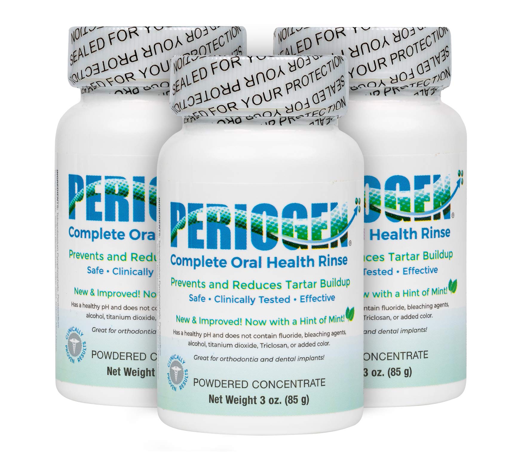 Periogen Hint of Mint 3-Pack bottle shown for tartar management with enamel-safe formula