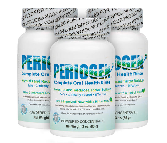 Periogen Hint of Mint 3-Pack bottle shown for tartar management with enamel-safe formula