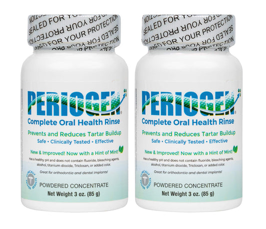Periogen Hint of Mint bottle front simplifies daily rinsing.