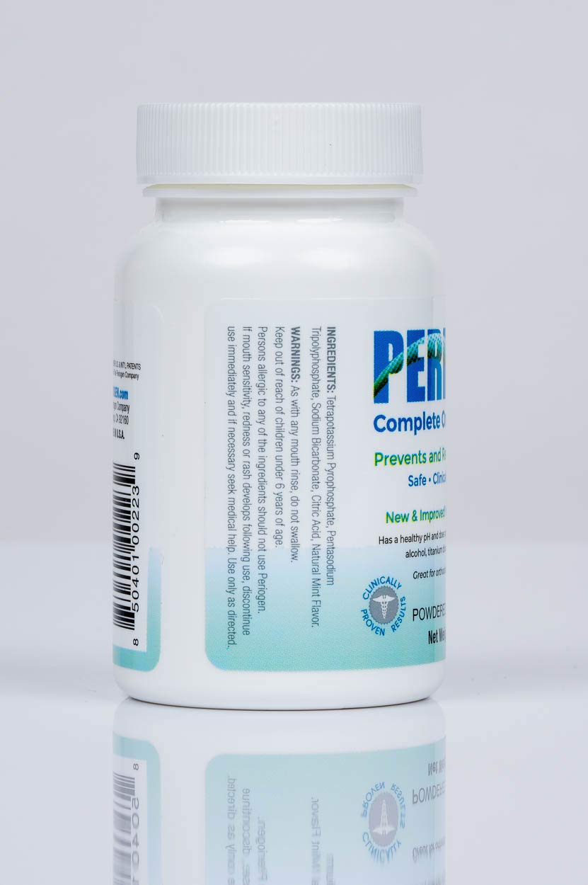 Periogen Hint of Mint dental office scene suggests professional-backed support for healthier-looking teeth