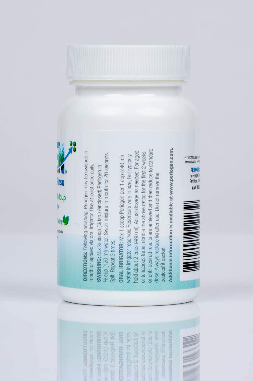 Periogen Hint of Mint label closeup highlights a pH-balanced, non-acidic enamel-safe care
